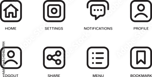 Nine minimalist black line art icons set home settings notifications profile logout share menu bookmark app