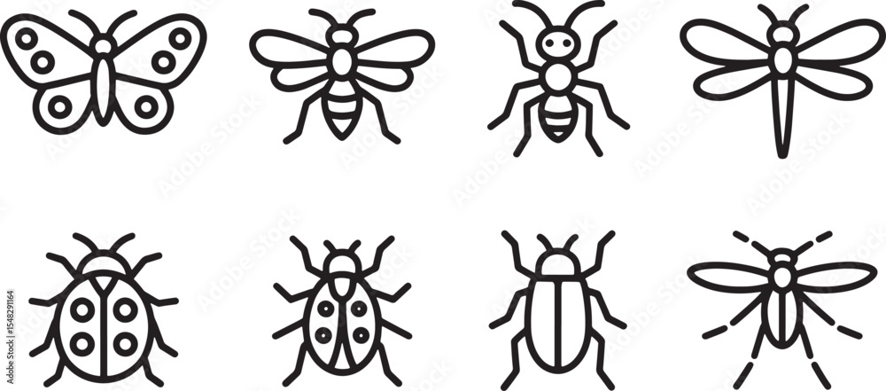 Fototapeta premium Seven Black Line Art Insect Icons Set Butterfly Bee Ant Dragonfly Ladybug Beetle Bug Mosquito vector