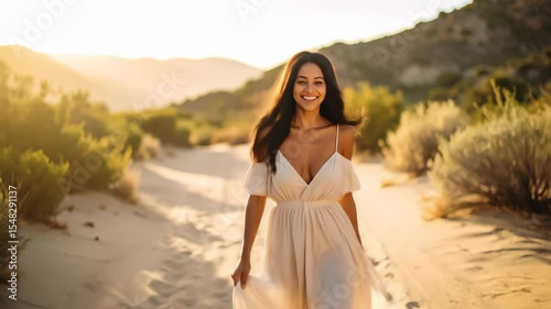 A woman walks happily along a sandy path at sunset Her flowing dress complements the warm tones of the desert landscape She seems peaceful