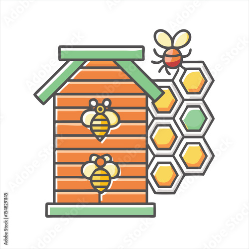Illustration of a beehive with honeycombs and bees outside, a colorful depiction
