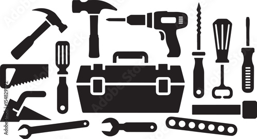 Black And White Graphic Illustration Of Tools In Toolbox Including Hammers Screwdrivers Wrench Drill Saw And More