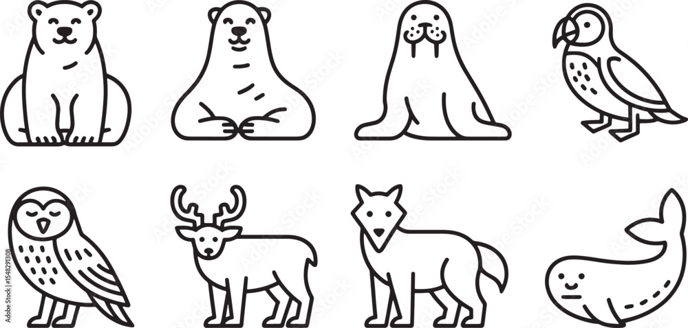 Fototapeta premium Eight Black Line Art Arctic Animals Polar Bear Walrus Puffin Owl Reindeer Wolf Whale Set vector