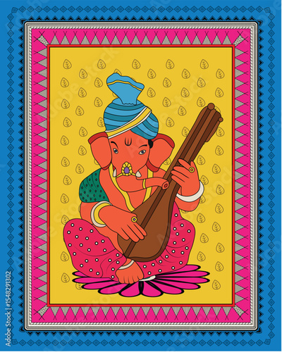 Madhubani Art: Lord Ganesha with Veena - Divine Harmony. Madhubani art, Lord Ganesha, Veena, Indian folk art