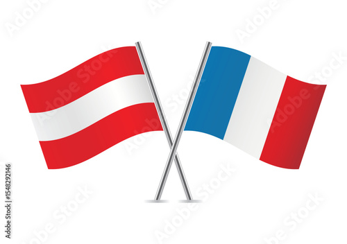 Austria and France crossed flags. Austrian and French flags on a white background. Vector icon set. Vector illustration.