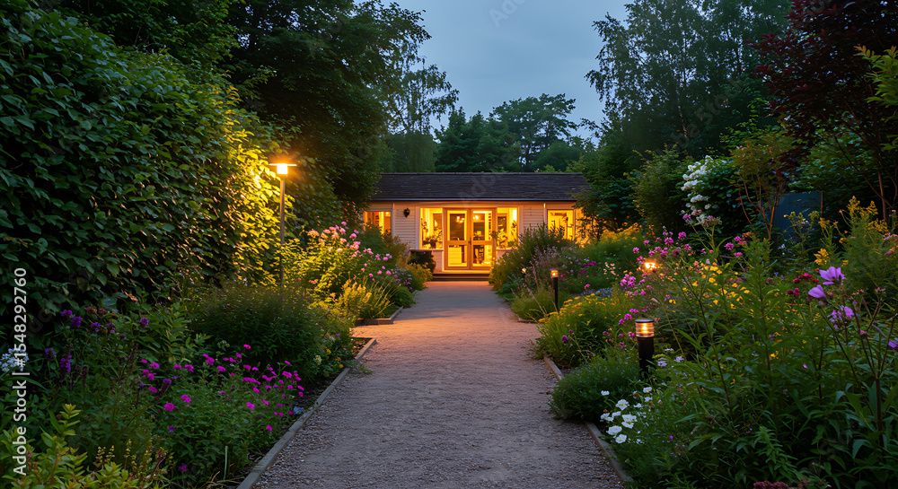 Obraz premium A beautifully lit pathway leading to a building amidst a lush, evening garden scene
