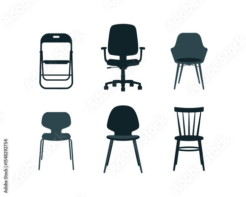 Collection of Chair Silhouettes: A comprehensive ensemble of six distinct chair silhouettes, each rendered with minimalist design, offering a variety of styles perfect for architectural.