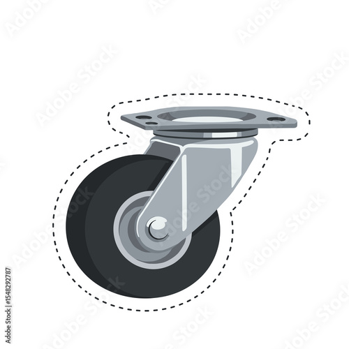 Single caster wheel with swiveling mechanism. Industrial furniture component on flat design style. Move equipment.