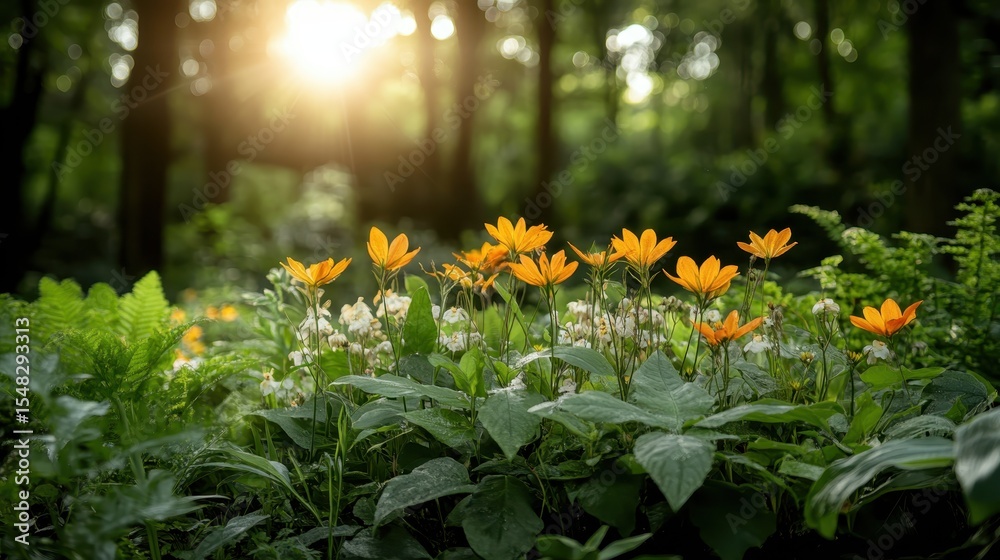 Obraz premium A serene landscape showcasing blossoming orange flowers amidst lush green foliage, capturing the essence of spring and the tranquility of nature’s beauty.