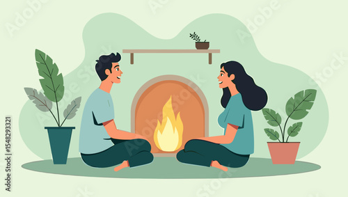 Couple sitting by the fireplace enjoying a cozy moment together at home