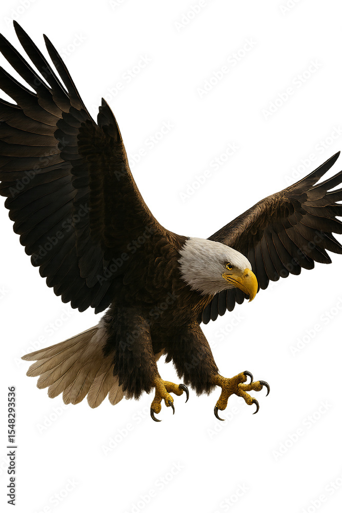 Obraz premium Majestic eagle mid-flight with wings spread, hyper-detailed feathers and piercing gaze – transparent background for freedom-themed projects. Ideal for emblems, logos, or powerful artwork.
