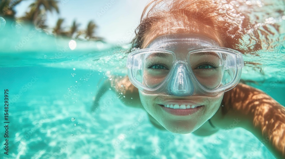 Naklejka premium This vibrant underwater image features a smiling swimmer with a mask, capturing the joy and bliss of swimming in clear blue water under a radiant sunlit environment.