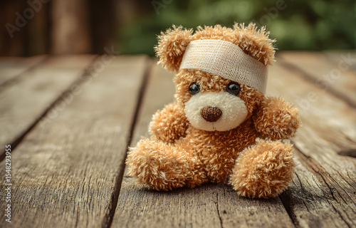 Adorable Teddy Bear with a Bandage Resting on a Rustic Wooden Surface