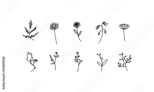 Silhouette Flower Group. Black silhouette flowers in a loose bouquet with tall stems and bold petal shapes.
