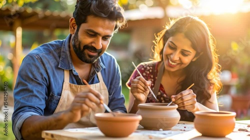 Couple creating pottery outdoors They shape clay pots together with focused expressions Warm sunlight illuminates their hands A shared hobby bringing joy and connection