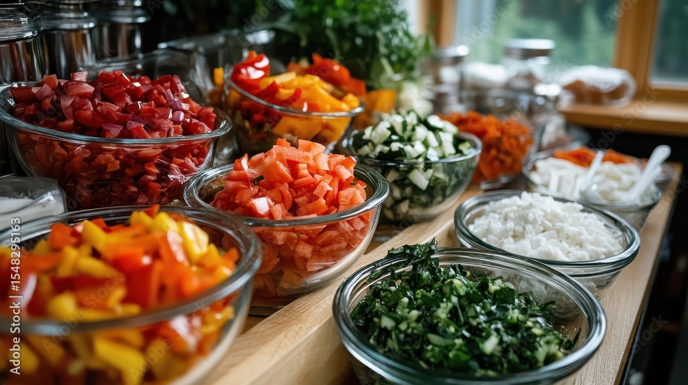 Obraz premium A vibrant display of freshly chopped vegetables arranged in glass bowls, showcasing a variety of colors and textures ideal for healthy meal preparations and recipes.