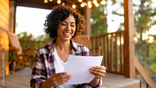 Young woman receives joyful news reading a letter She s on a wooden porch smiling brightly under warm sunlight String lights add a festive glow