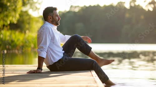 Man relaxing outdoors sitting on wooden dock at waters edge He enjoys sunlight glistening on the lake and the peace of nature a tranquil moment