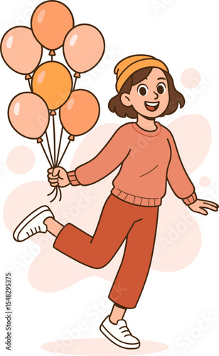 Happy young woman with balloons. Vector illustration for youth lifestyle, freedom, fun, celebration and self-expression themes