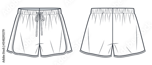 Women Lace Trim Shorts Technical Fashion Sketch.  Short Pants fashion flat technical drawing template, elastic waistband, front and back view, white, women, men, unisex CAD mockup.