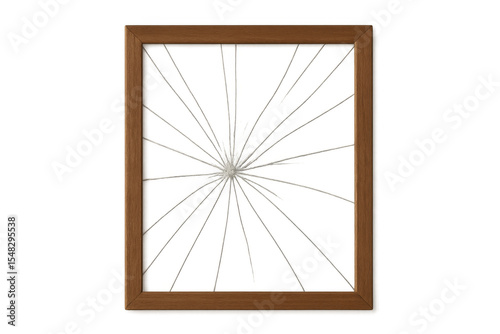 Wooden frame with cracked glass and transparent background isolating subject