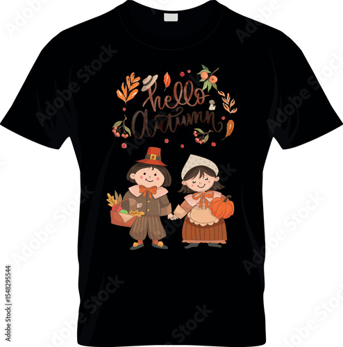 Hello autumn cartoon boy and girl T shirt design
