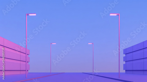 Pastel street scene with buildings and lamps. Evokes a tranquil, dreamlike atmosphere with its smooth gradients and minimalist composition.