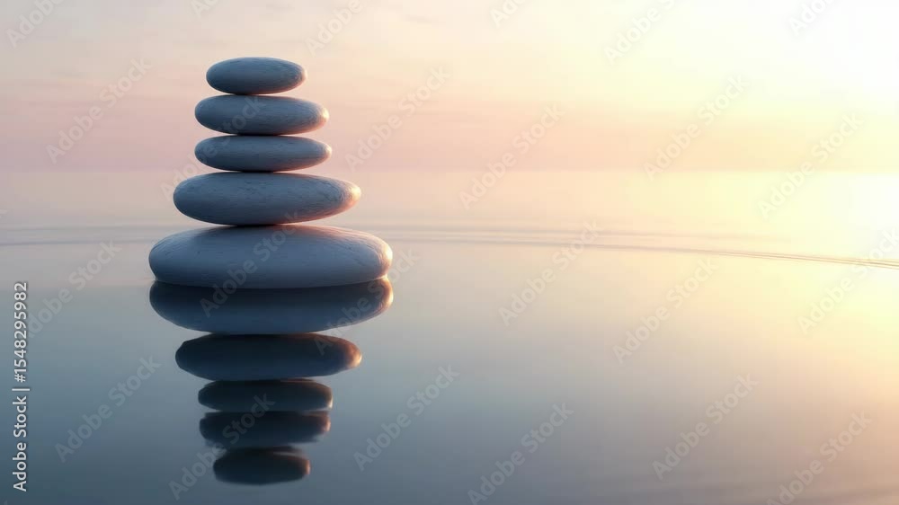 Zen Stones Balanced on Water Reflecting a Soft Sunset Sky in a Serene Scene Zen Stones Balanced on Water Reflecting a Soft Sunset Sky in a Serene Scene