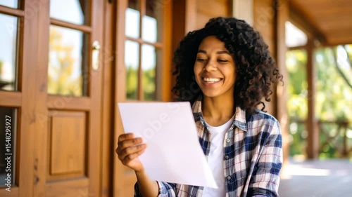 Smiling woman reads a document happily on a porch She wears a casual shirt as she stands near a wooden railing enjoying the sunshine