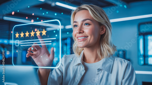 A woman interacts with a futuristic transparent touchscreen, leaving a five-star rating. The modern, tech-driven environment highlights user experience and digital innovation focus.