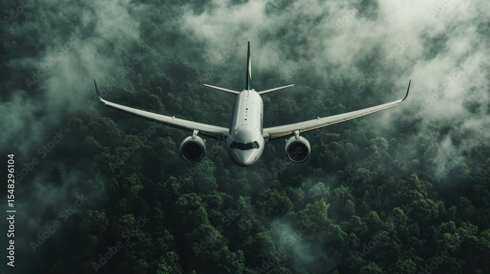 Obraz premium An aircraft is captured in flight above a dense, green forest, portraying the vastness of nature and the thrill of air travel, inviting wanderlust and adventure in the skies.