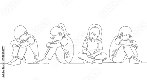 Continuous Line Drawing of Four Sad Children in Various Poses
