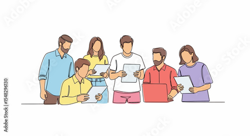 Continuous Line Drawing of Group of People Working Together