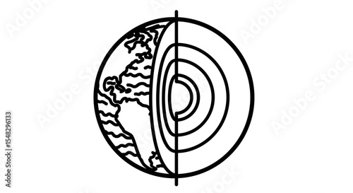 Cross-Section Diagram of Earth: Showing Crust, Mantle, Outer Core, and Inner Core with Simplified World Map