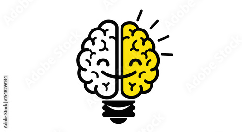 Creative Brain Lightbulb: Black Outline, Yellow and White Hemispheres, Idea Concept