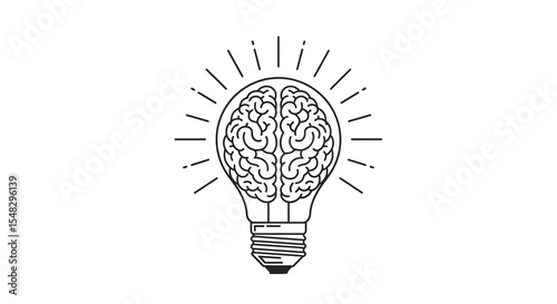 Lightbulb with Brain Inside, Black and White Line Art Illustration