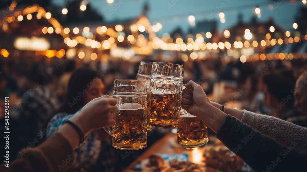 Fototapeta premium Friends enjoying a toast with beer steins at the Oktoberfest celebration in Munich, Germany