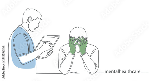 Mental Health Illustration: Doctor Taking Notes on Distressed Patient with Hands on Face