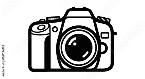Black and White DSLR Camera Icon: Bold Outline Illustration of a Professional Digital Single-Lens Reflex Camera