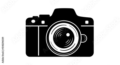 Black and White DSLR Camera Icon:  Detailed illustration of a digital single-lens reflex camera, depicted in a simple, bold black and white style.