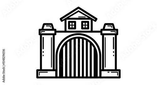 Black and White Gate with House Icon, Minimalist Design