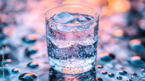 Sparkling water glass with ice, vibrant background
