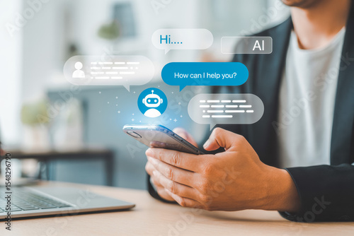A person holds a smartphone with digital chat bubbles displaying AI-driven communication. The scene highlights advanced messaging technology with a blue AI chatbot icon. 