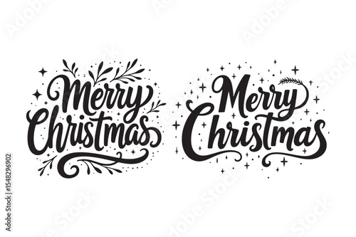 Hand-Drawn "Merry Christmas" Lettering with Stars and Foliage Holiday Typography Bundle
