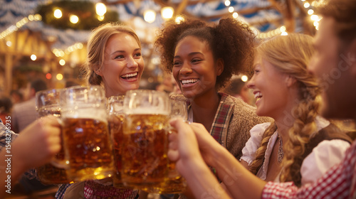Happy friends wearing traditional clothes are toasting with large beer mugs at Oktoberfest, laughing and enjoying the festive atmosphere