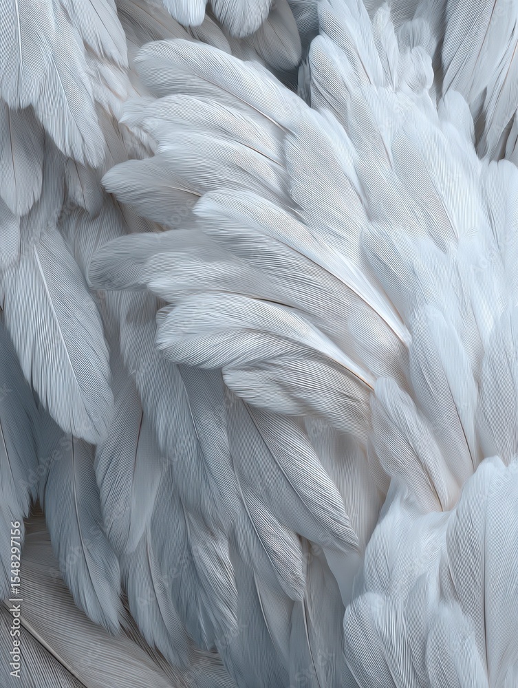 Obraz premium Closeup, white and feathers background for peace, calm and spirituality for God, religion and hope. Ai generated, feather and bird plumage for creative banner, texture or detail space for angel faith