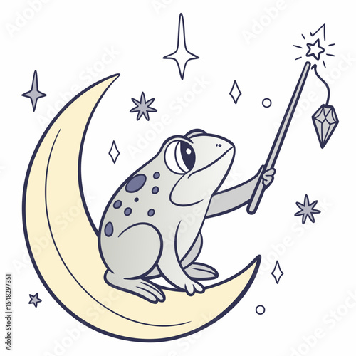 Happy Frog with sitting on a moon, set in a charming Starry night theme – Magical Night color vector art