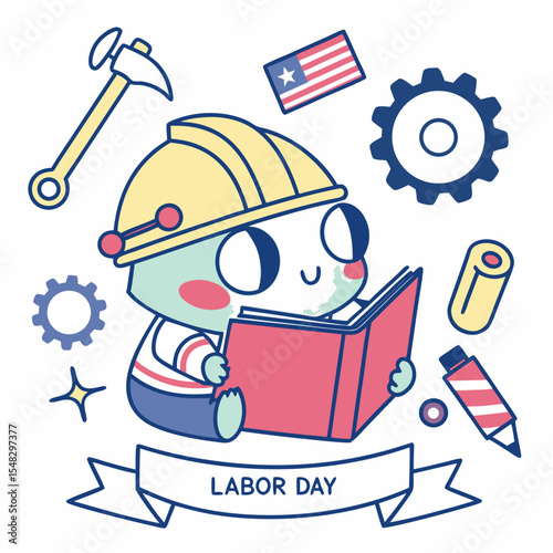 Delightful Joyful Frog in a Labor Day scene with reading a book – Worker’s Pride vector illustration
