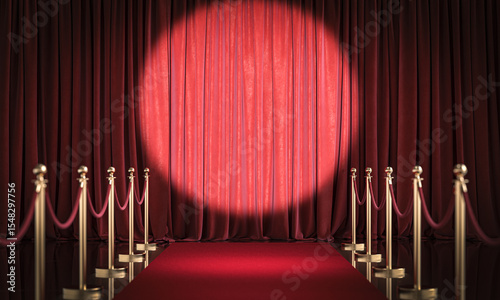 Red curtains and spotlight exclusivity concept. 3d
