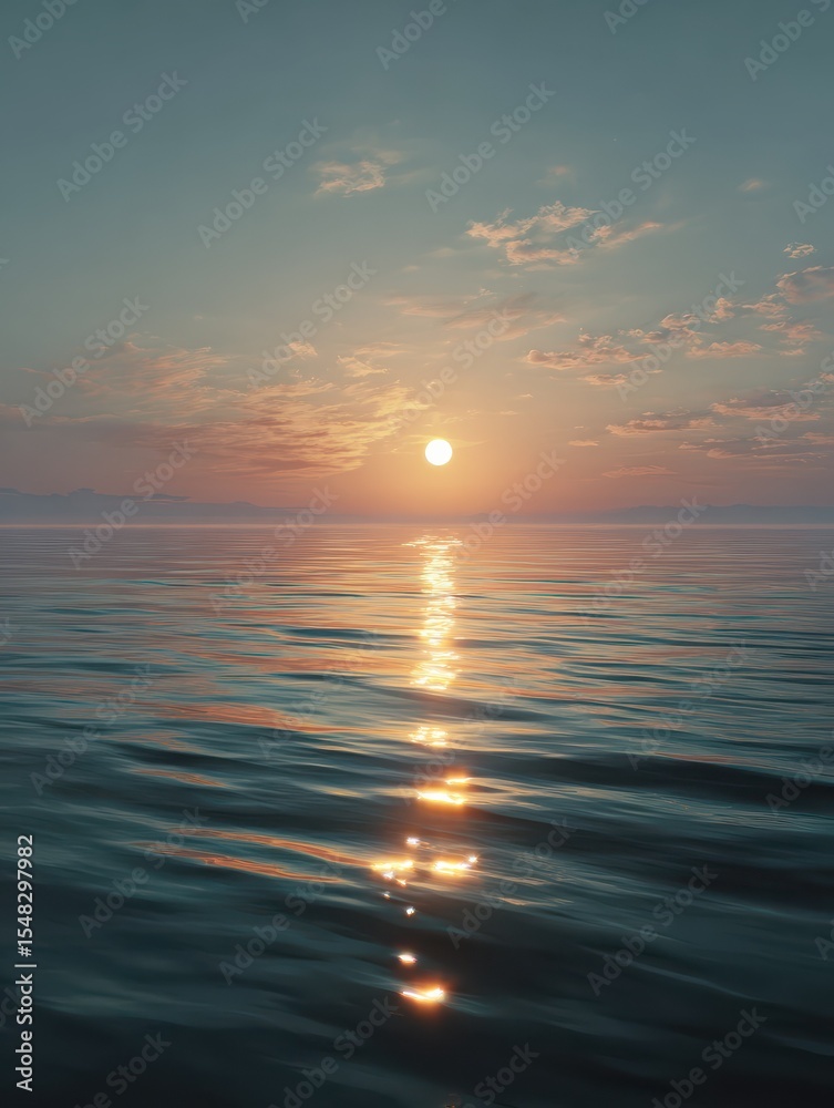Obraz premium A serene sea at sunset, with the sun's reflection on calm waters, creating an atmosphere of tranquility and serenity.