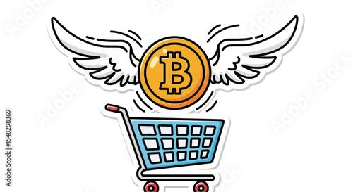 Flying Bitcoin Cryptocurrency Coin Above Shopping Cart; Gold, Winged, Digital Currency, Online Payment